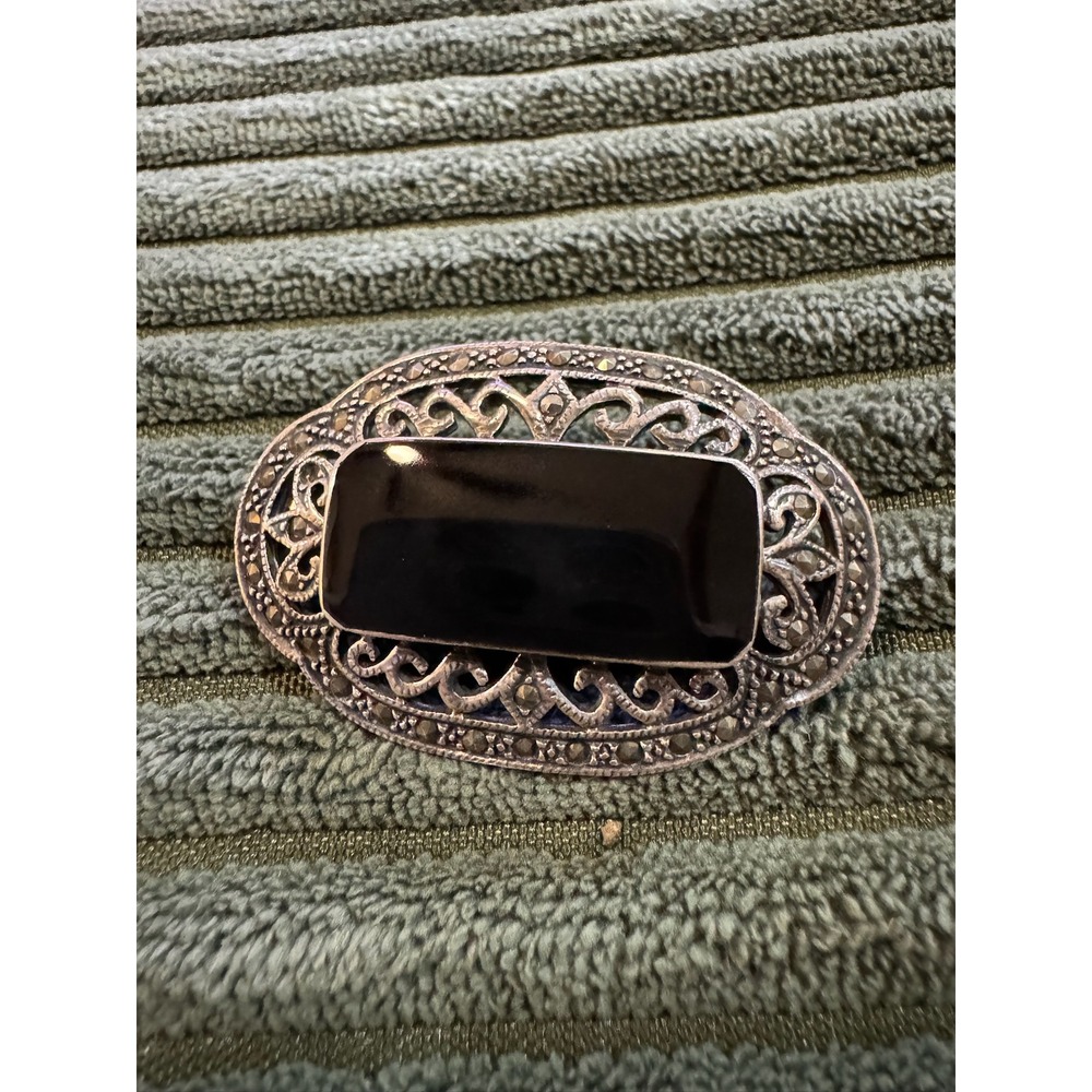 Vintage Sterling Silver Marcasite Black Onyx Art Deco Style Brooch Pin